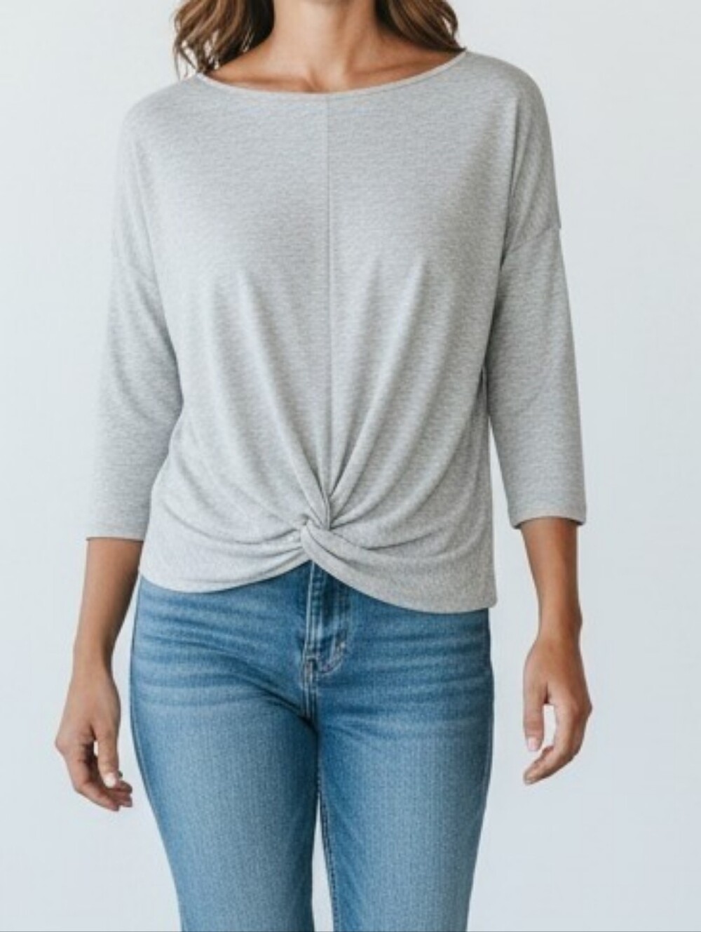 Garnet Hill Light Gray Twist-Front Hem Long Sleeve Top L